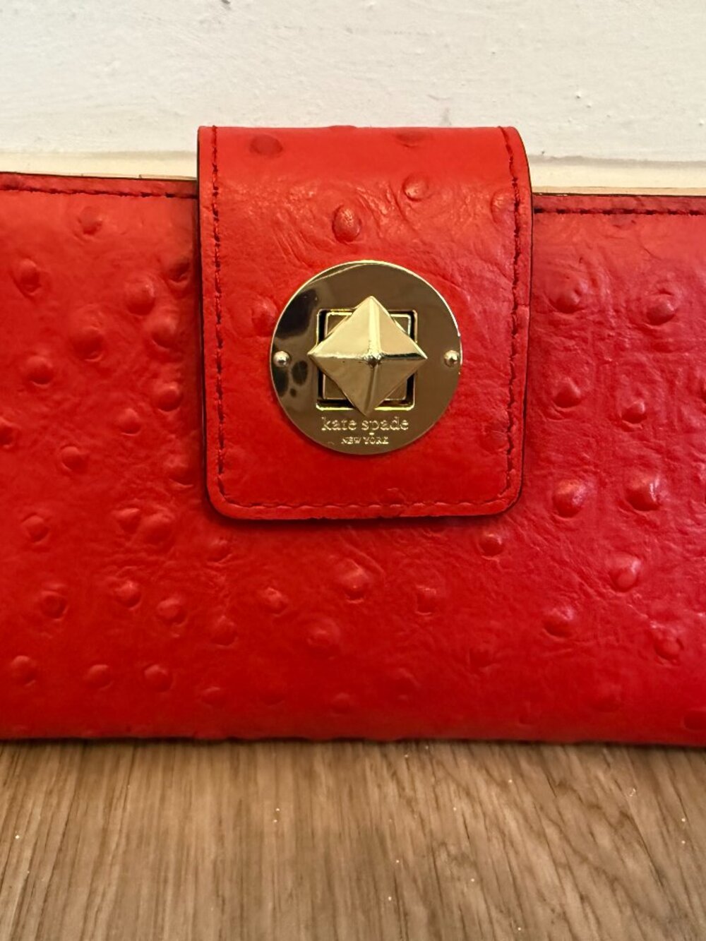 Kate Spade Red Ostrich-Embossed Leather Turnlock Compact Bifold Wallet